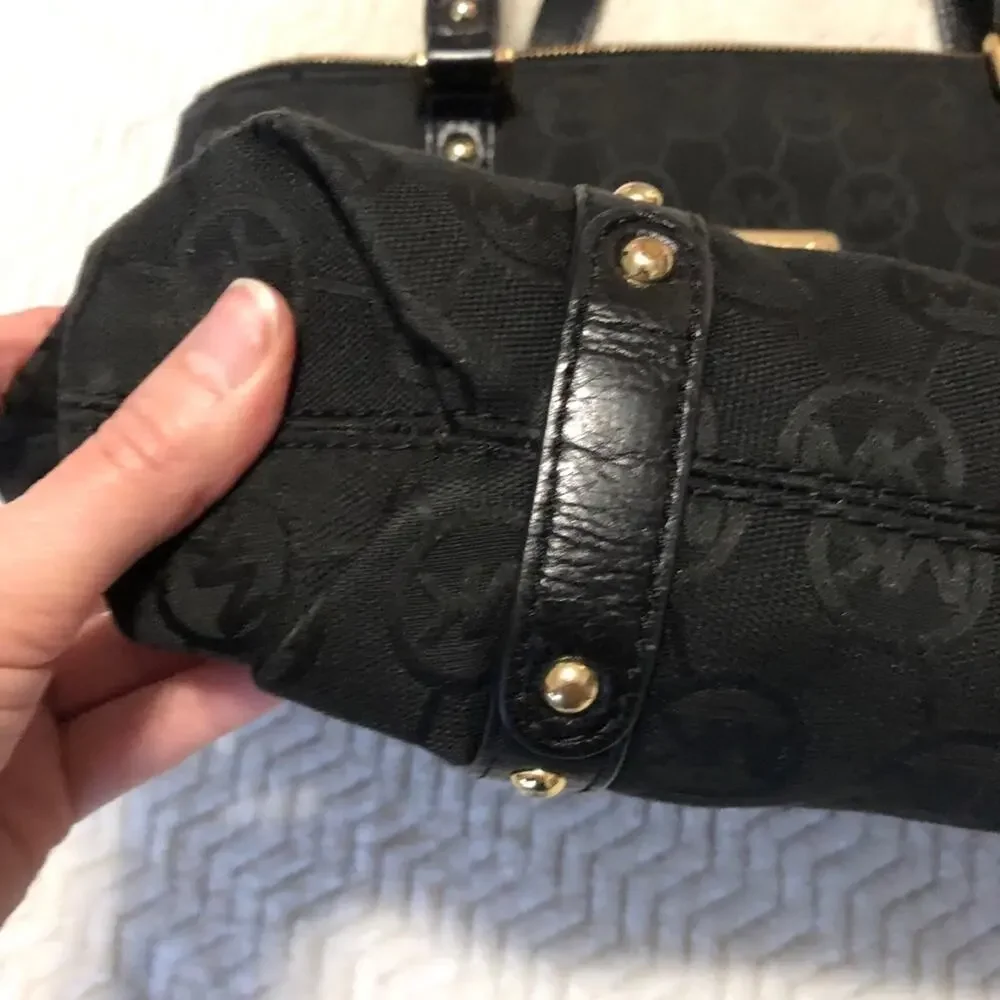 MICHAEL KORS Signature Tote Canvas Handbag Black LOGO Shoulder Bag Purse Gold